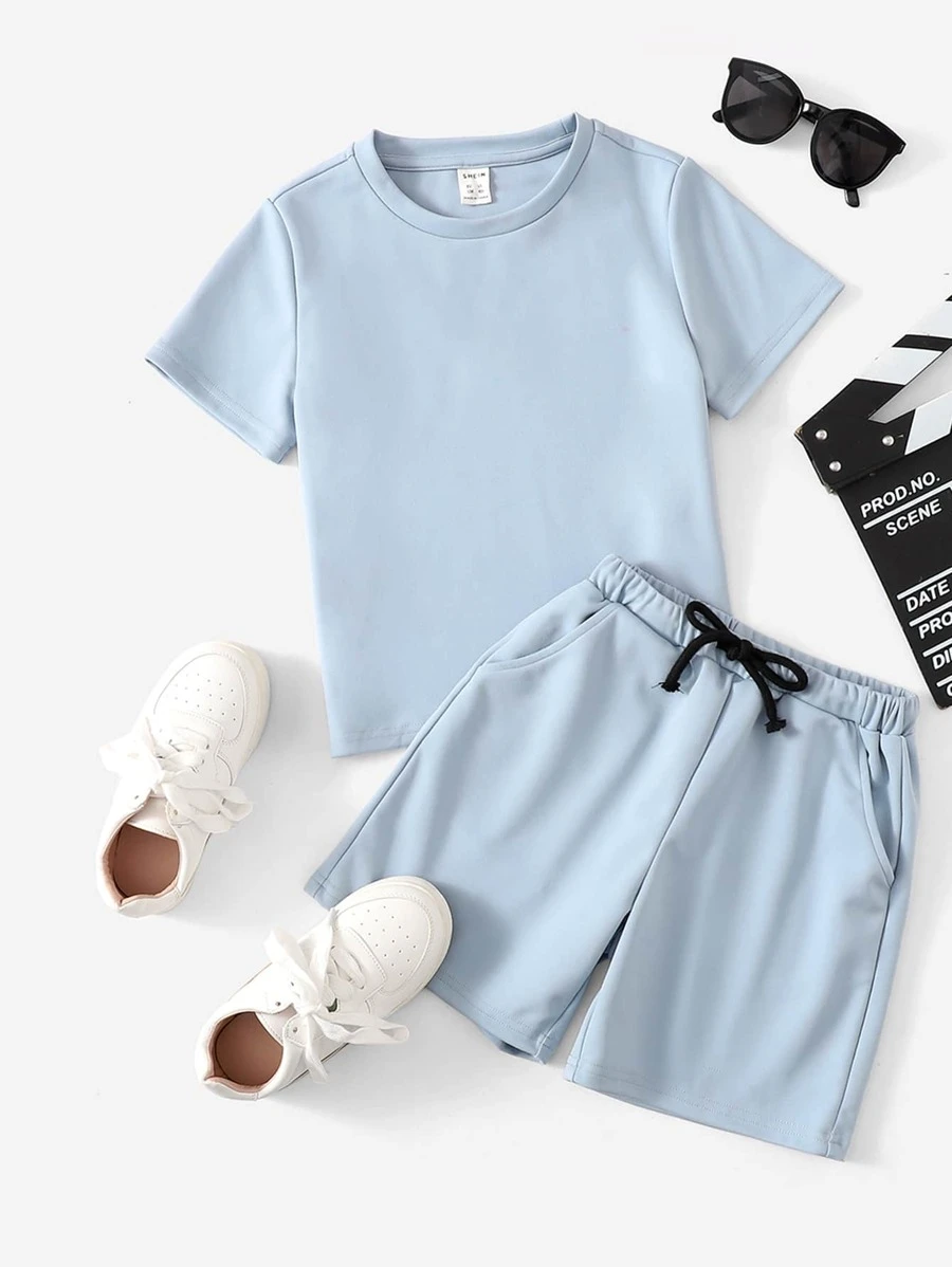 เด็กผู้ชายวัยหัดเดิน เสื้อยืดสีพื้น & สายรัดเอว กางเกงขาสั้น b-60