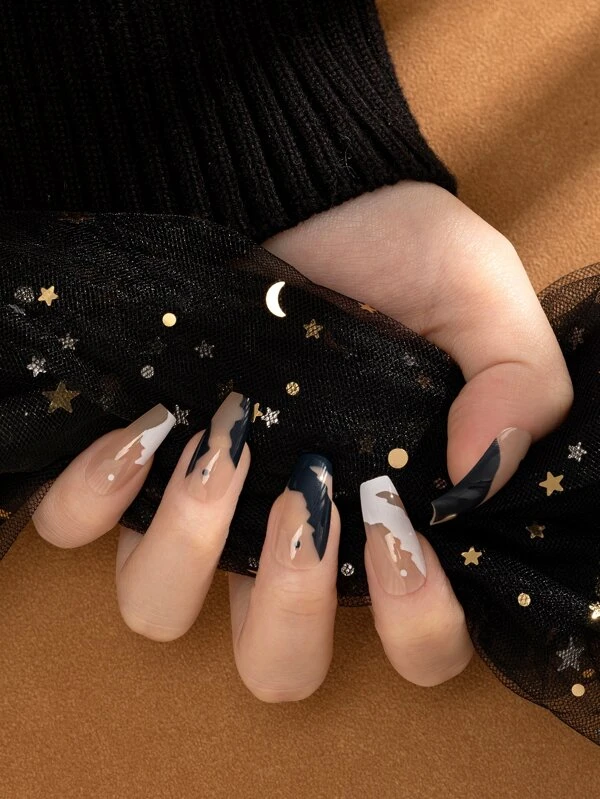 เล็บปลอม ยาว คอฟฟิน กราฟฟิค & เทปกาว 1 แผ่น & ตะไบเล็บ 1 ชิ้น 24 ชิ้น c-97