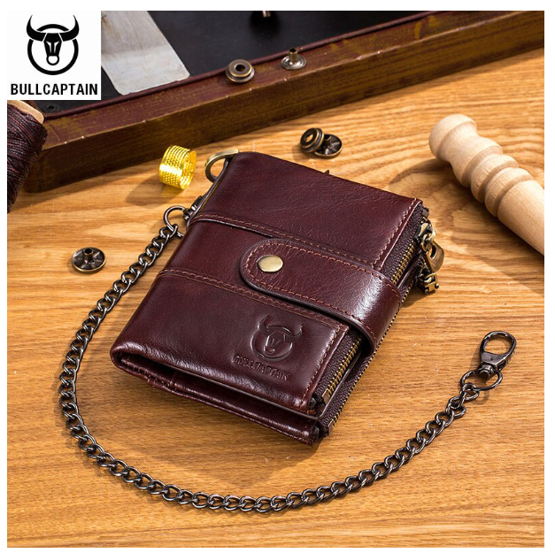 HU64-BULLCAPTAIN หนังแท้กระเป๋าสตางค์ขนาดกะทัดรัดมินิการ์ด Rfid การปิดกั้นกระเป๋าสตางค์โซ่ผสมกระเป๋าสตางค์