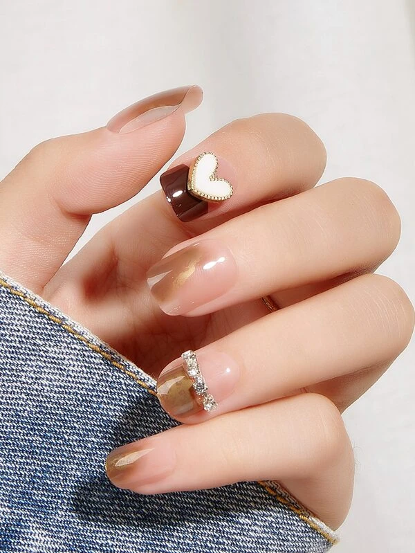 24 ชิ้น สั้น สี่เหลี่ยม 3D ตกแต่ง หัวใจ เล็บปลอม & เทปกาว 1 แผ่น & ตะไบเล็บ 1 ชิ้น c-86