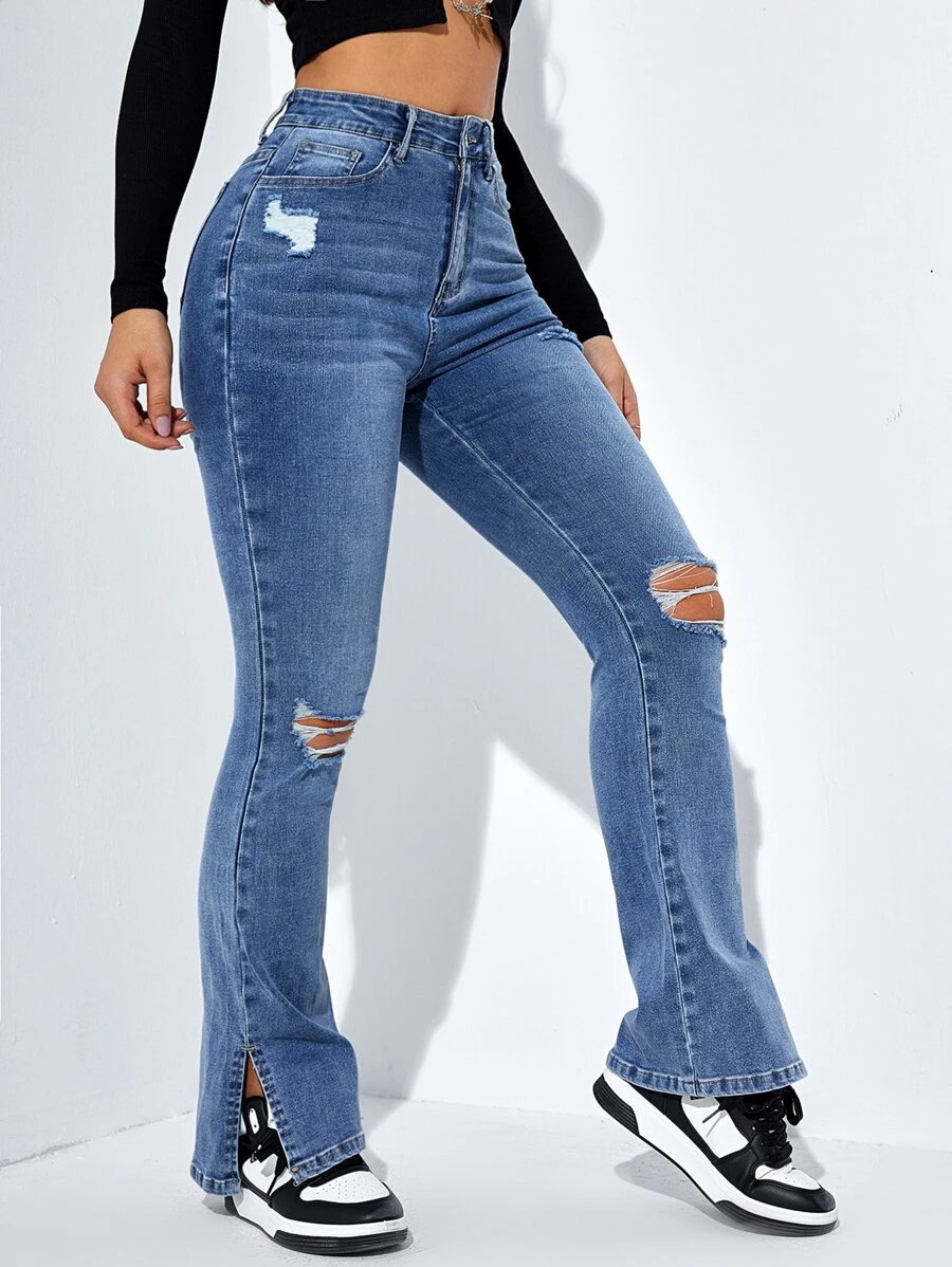 กางเกงยีนส์ขาม้า เอวสูง แต่งขาด เป็นฝอย ผ่าชายเสื้อ ee-98