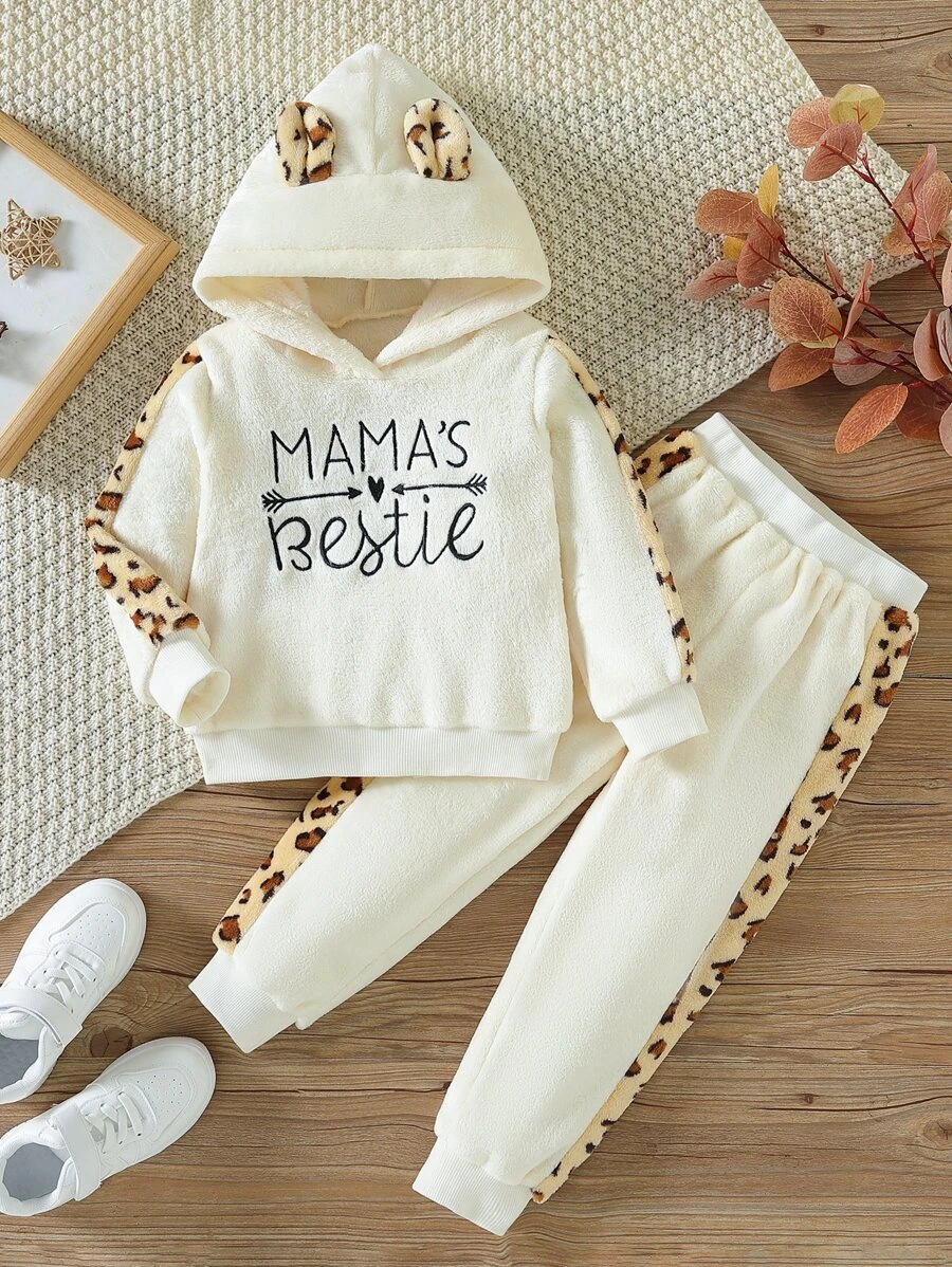 เด็กผู้หญิง เสื้อฮู้ด ตัวอักษร และ ลาย เสือดาว การออกแบบ รูปหู 3D & กางเกงวอร์ม a-85