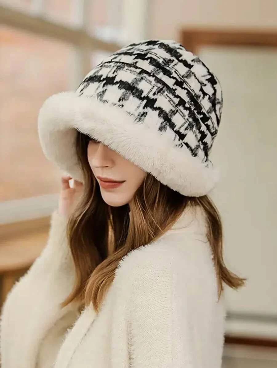 หมวกบักเก็ต ลายสก็อต ซับในผ้าฟลีซ  j-52