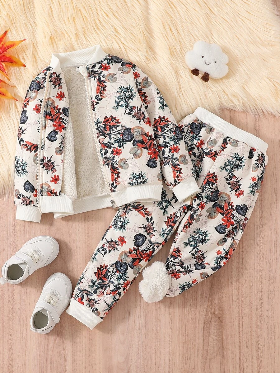 เด็กผู้หญิง แจ็คเก็ต บอมเบอร์ พิมพ์ลาย ดอกไม้ & กางเกงวอร์ม a-79