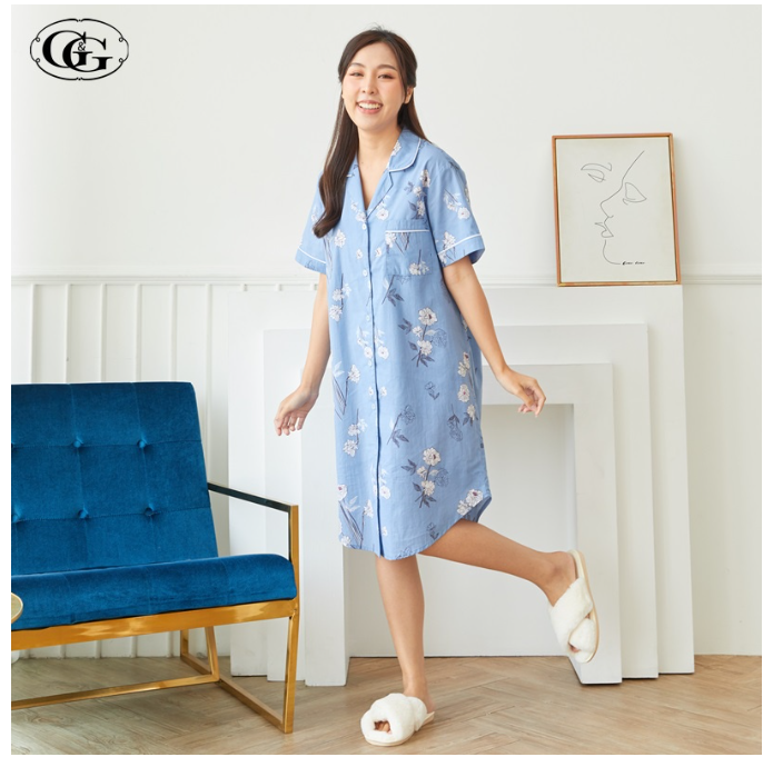 GG48>G&G Nightwear รุ่น EN4P35 ชุดนอนแบบกระโปรง ชุดนอนกระโปรง สี BU ลายดอกไม้