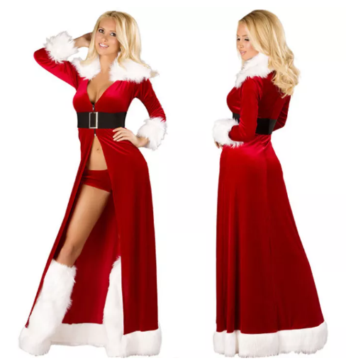 SE49@Women Sexy Christmas Dress Red Long Christmas Cloak Coat Velvet Robe Dress Adult Maxi Dress Xmas Party Fancy Cosplay Dress With Belt Panties