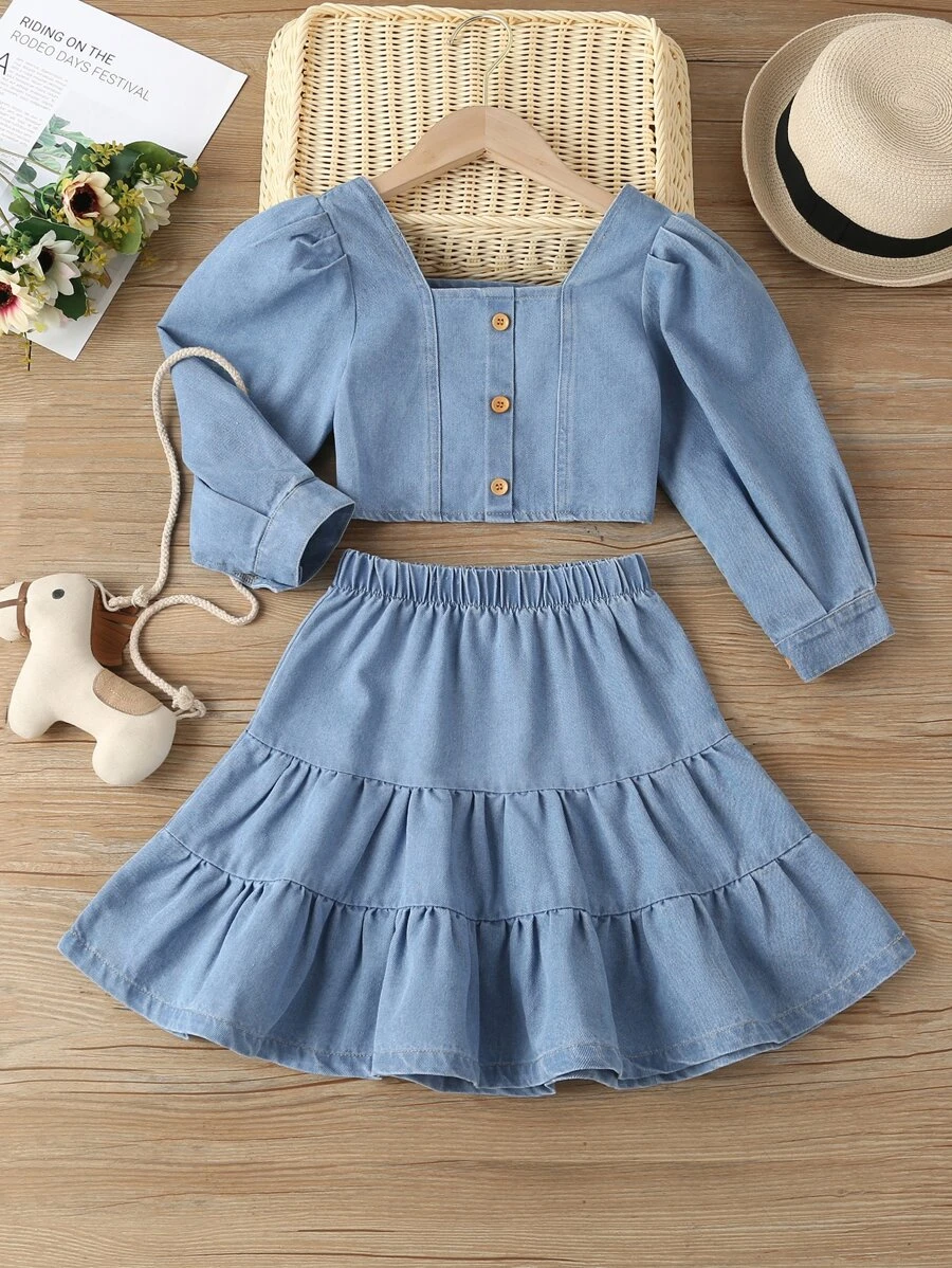 เด็กผู้หญิง เสื้อท็อป เดนิม คอเหลี่ยม แขนพอง & กระโปรง หลายชั้น a-23