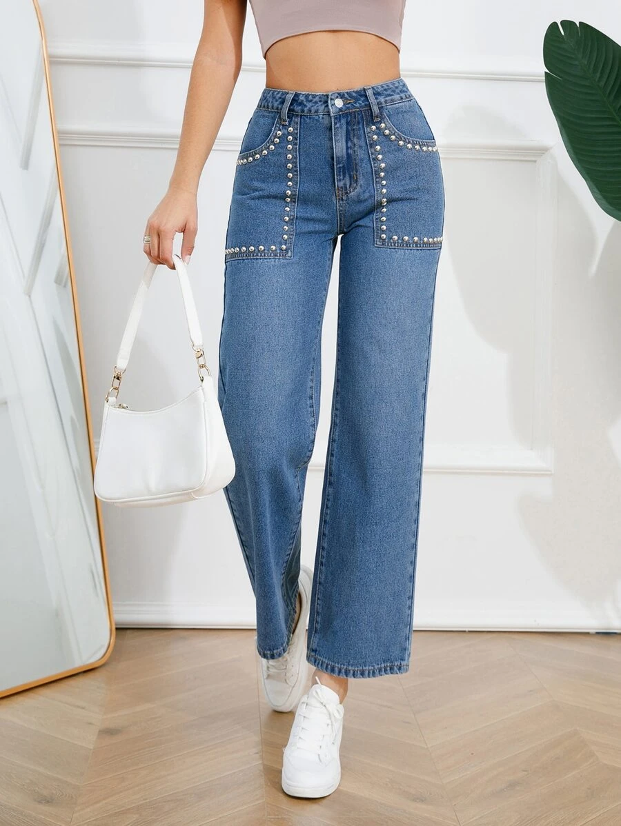 กางเกงยีนส์ ทรงตรง รายละเอียด หมุดย้ำ ee-86