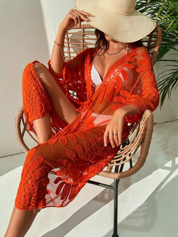 กิโมโน ผ้าโปร่ง ปักลาย ผ้าโปร่ง มัดด้านหน้า  mm-61