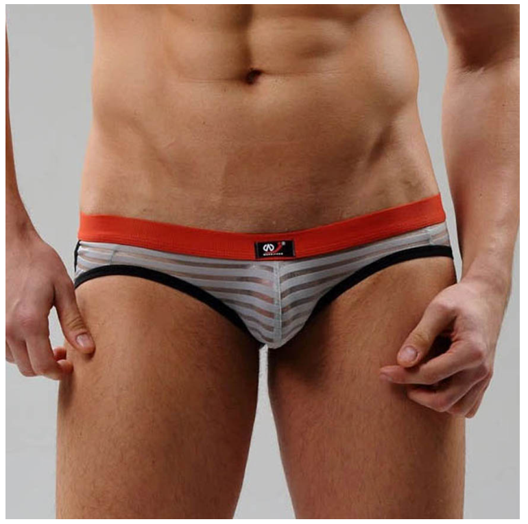 MH02-กางเกงในชายสีเทาขอบเอวสีส้ม ผ้าซีทรูบางๆ ลายขวางเปิดก้น