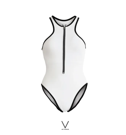 VA06-SS2023 WHITE FRONT ZIP SWIMMING SUIT ชุดยว่ายน้ำสีขาว ใส่ว่ายน้ำ มีฟองน้ำในตัวผ้าหนา กัน UV UPF 50+