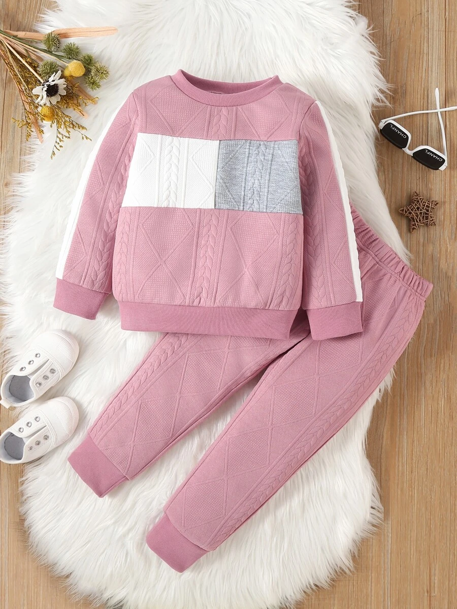 เด็กผู้หญิง เสื้อสวมหัว & กางเกงวอร์ม บล็อคสี a-81